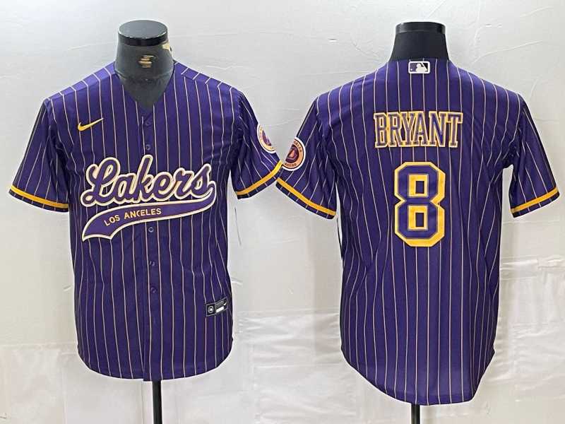 Mens Los Angeles Lakers #8 Kobe Bryant Purple Pinstripe Cool Base Stitched Baseball Jersey->->NBA Jersey